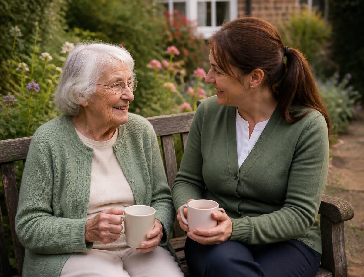 An older woman and her carer talking in the garden